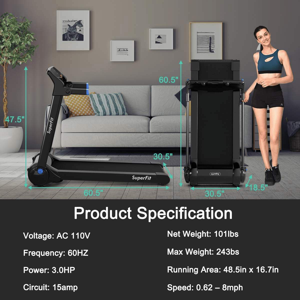 Goplus 3HP Electric Folding Treadmill, with APP Control, Bluetooth Speaker and HD Touch Screen - Prioka