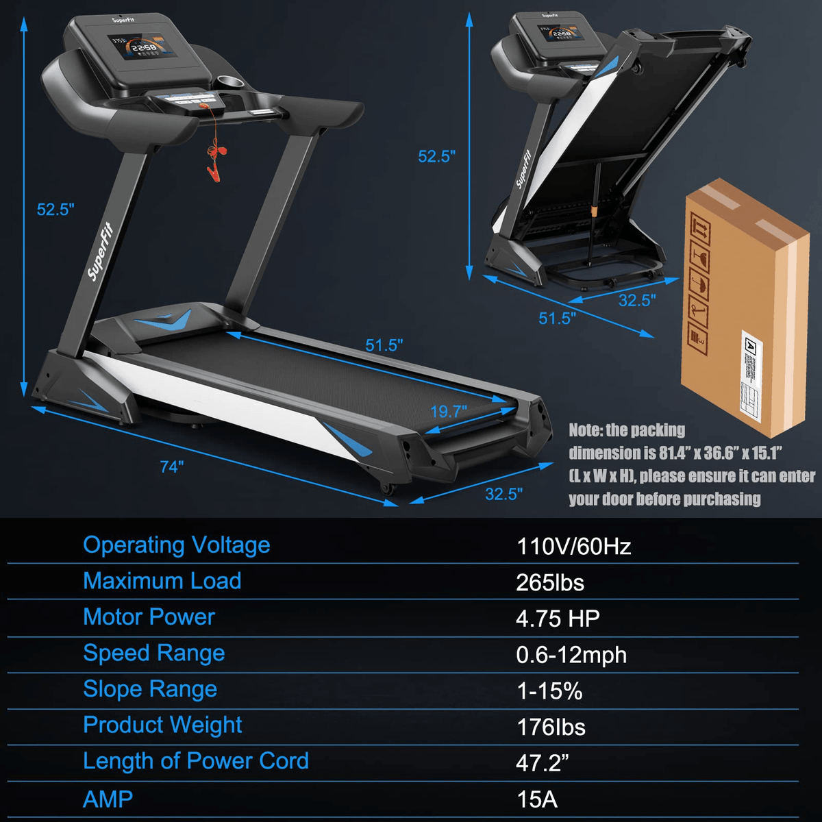 Goplus 4.75HP Folding Treadmill with 15% Auto Incline and APP, Commercial Heavy Duty Superfit Treadmill with 20 Preset Programs - Prioka