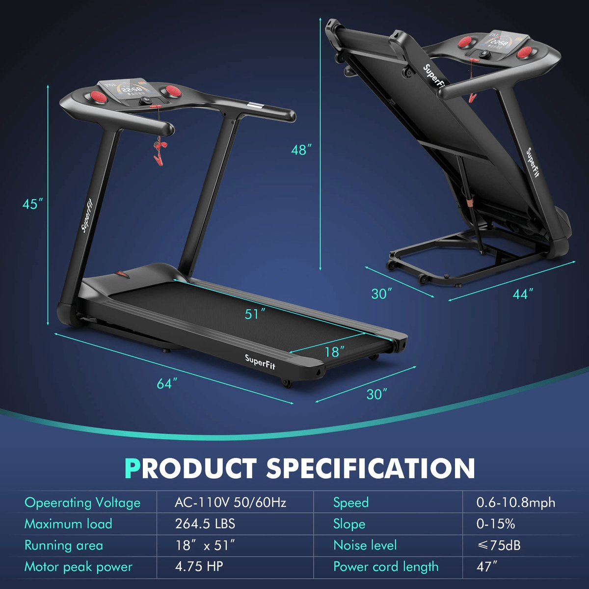 Goplus 4.75HP Folding Treadmill with 15% Auto Incline, Electric Superfit Treadmill w/Voice and APP Control - Prioka