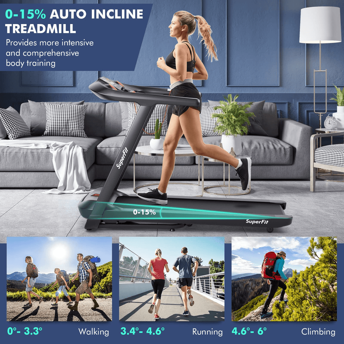 Goplus 4.75HP Folding Treadmill with 15% Auto Incline, Electric Superfit Treadmill w/Voice and APP Control - Prioka