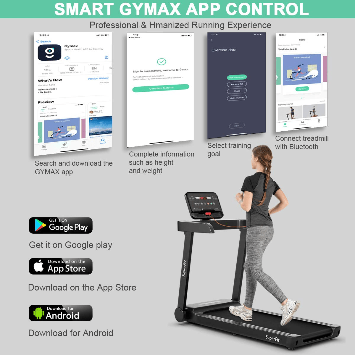 Goplus Heavy Duty Treadmill for Gym, Superfit Electric Treadmill with App Control - Prioka