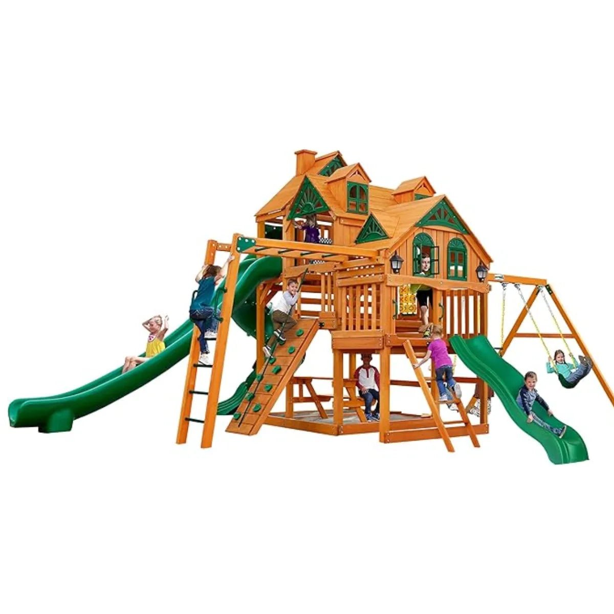 Gorilla Playsets Empire Extreme Wooden Swing Set with Monkey Bars, Clatter Bridge, and 3 Slides - Prioka