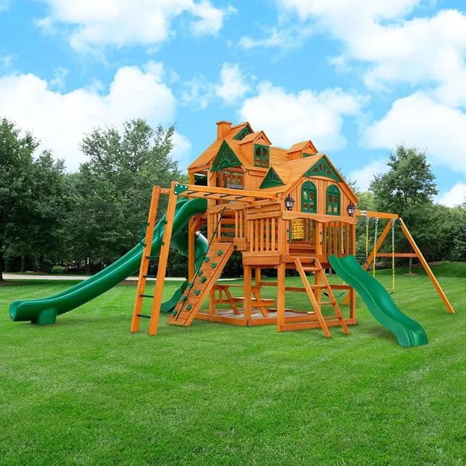 Gorilla Playsets Empire Extreme Wooden Swing Set with Monkey Bars, Clatter Bridge, and 3 Slides - Prioka