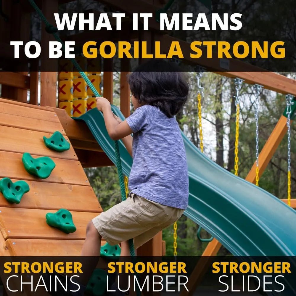 Gorilla Playsets Empire Extreme Wooden Swing Set with Monkey Bars, Clatter Bridge, and 3 Slides - Prioka