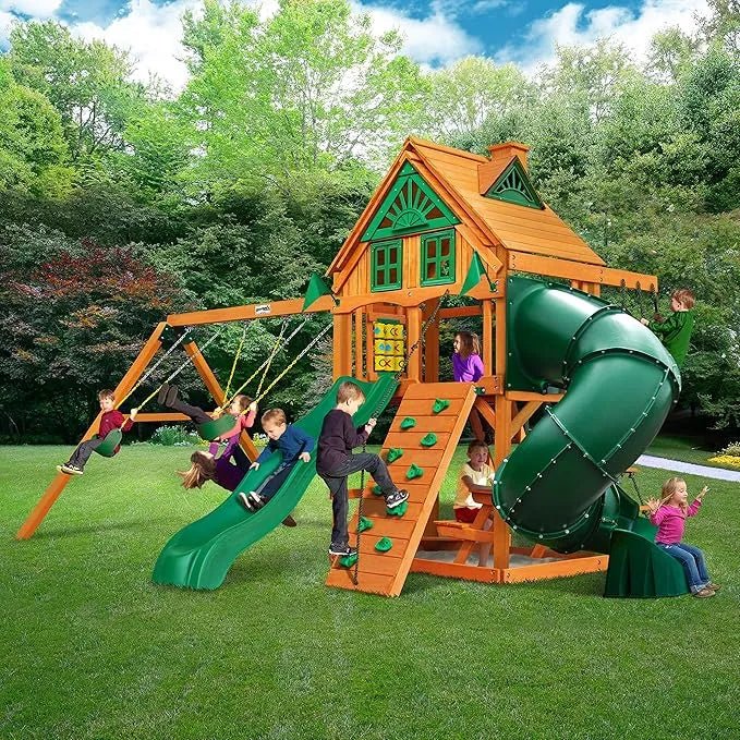 Gorilla Playsets Mountaineer Treehouse Wooden Swing Set with Tube Slide - Prioka