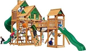 Gorilla Playsets Pioneer Peak Treehouse Wooden Swing Set with Clatter Bridge & Tire Swing - Prioka