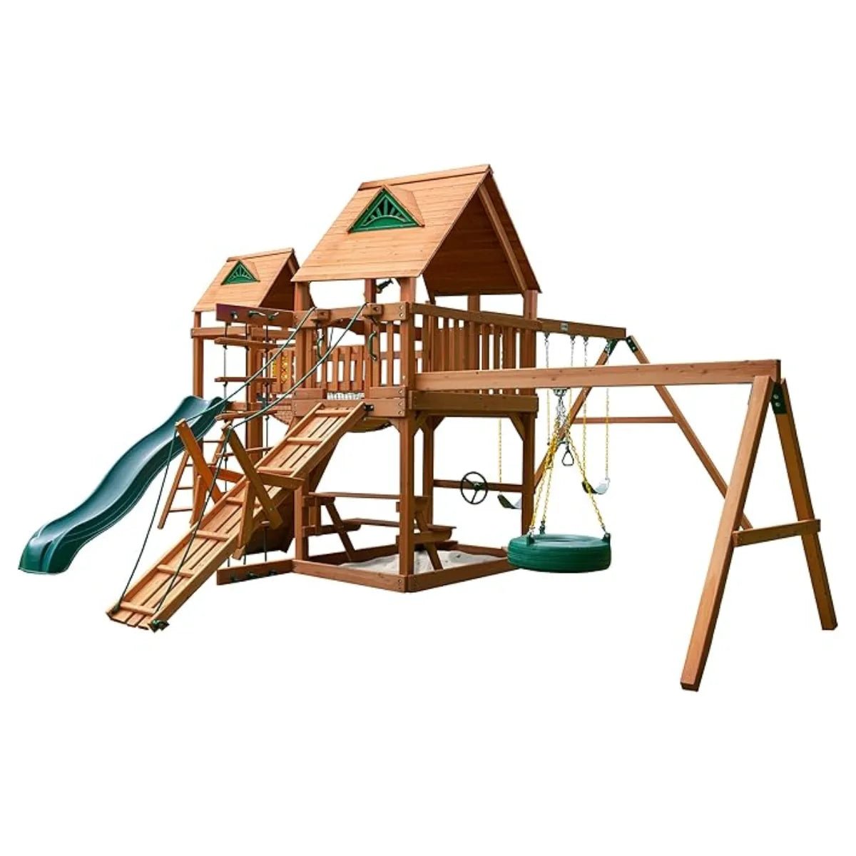 Gorilla Playsets Pioneer Peak Treehouse Wooden Swing Set with Clatter Bridge & Tire Swing - Prioka