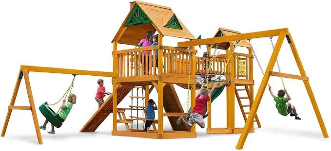 Gorilla Playsets Pioneer Peak Treehouse Wooden Swing Set with Clatter Bridge & Tire Swing - Prioka