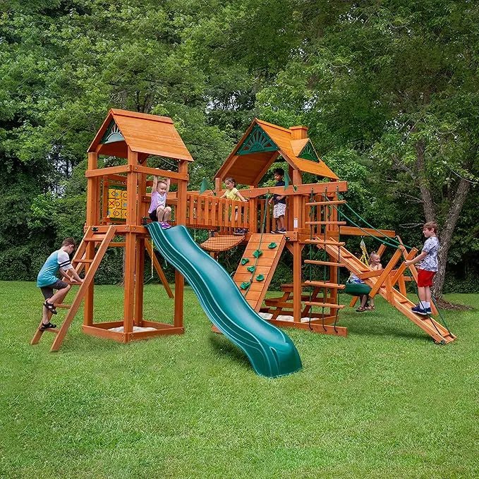 Gorilla Playsets Pioneer Peak Treehouse Wooden Swing Set with Clatter Bridge & Tire Swing - Prioka