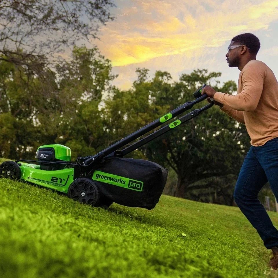 Greenworks 80V 21” Lawn Mower, 13” String Trimmer, and 730 Leaf Blowers. - Prioka