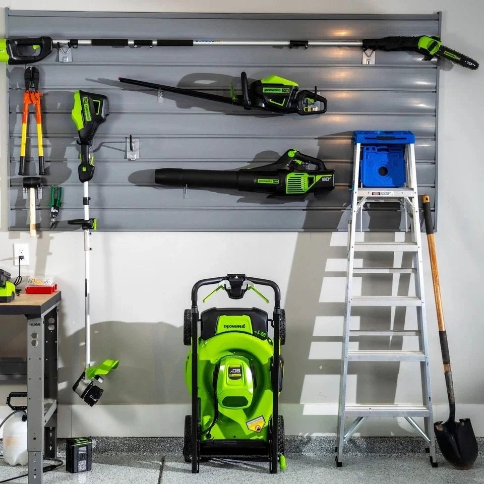 Greenworks 80V 21” Lawn Mower, 13” String Trimmer, and 730 Leaf Blowers. - Prioka