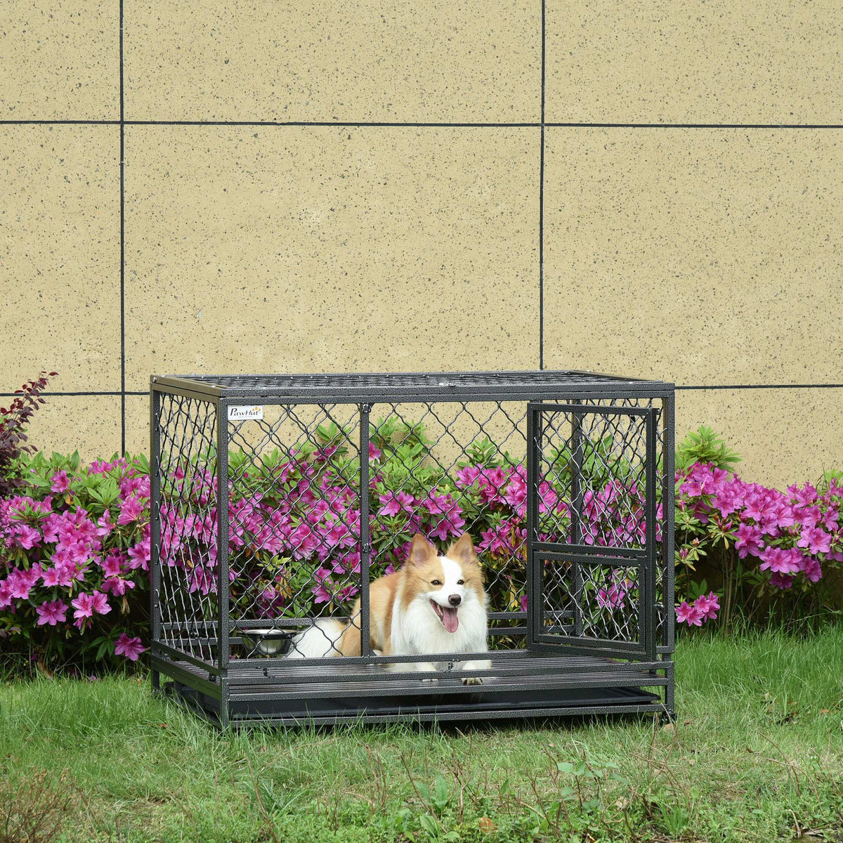 Heavy Duty Dog Cage Metal Kennel and Crate Dog Playpen with Lockable Wheels, Slide-out Tray, Food Bowl and Double Doors - Prioka
