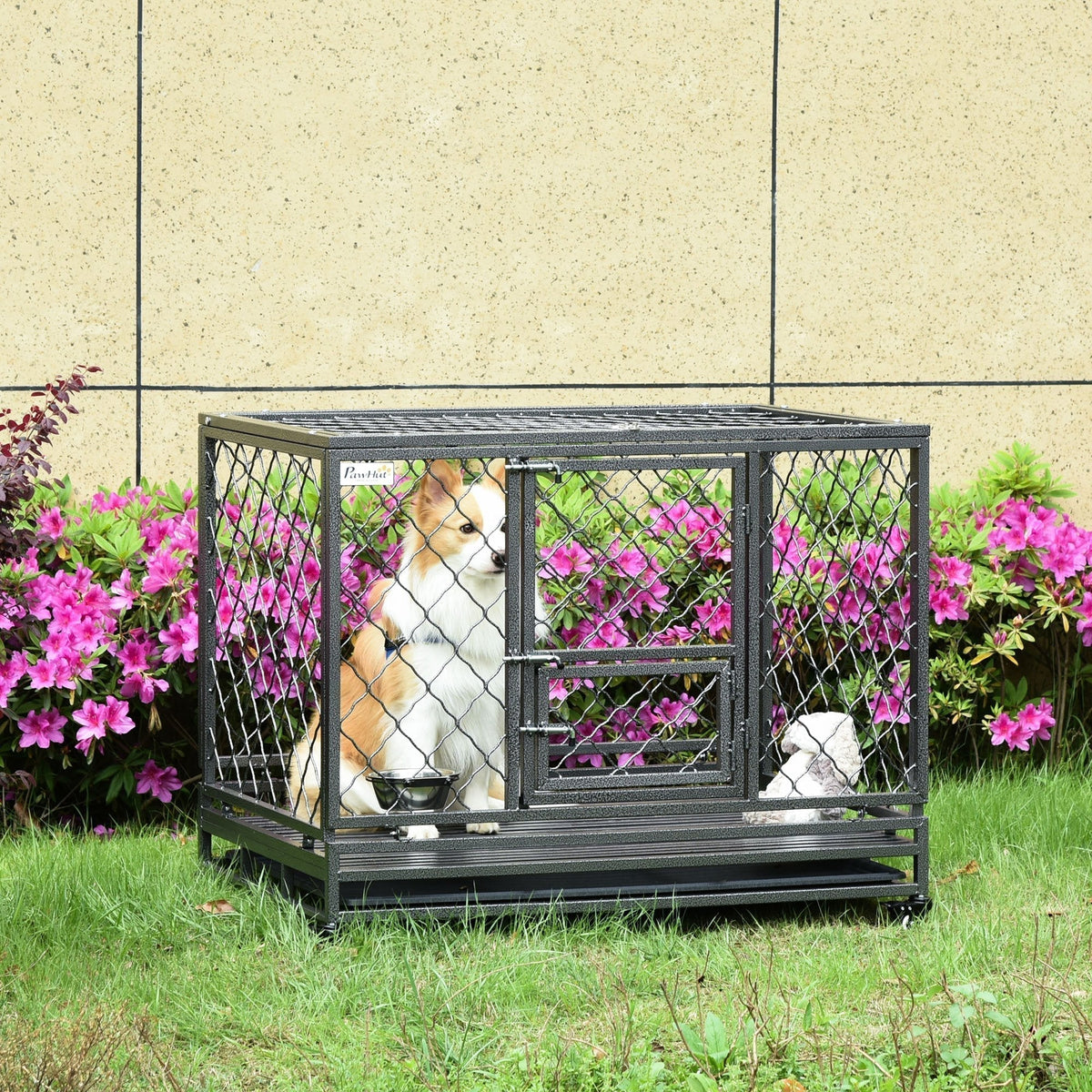 Heavy Duty Dog Cage Metal Kennel and Crate Dog Playpen with Lockable Wheels, Slide-out Tray, Food Bowl and Double Doors - Prioka
