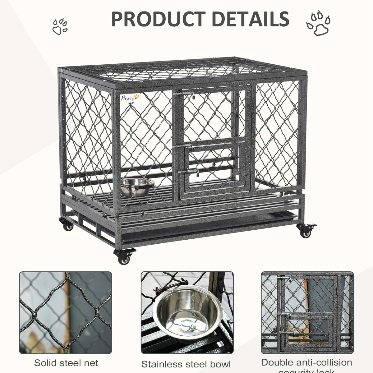 Heavy Duty Dog Cage Metal Kennel and Crate Dog Playpen with Lockable Wheels, Slide-out Tray, Food Bowl and Double Doors - Prioka