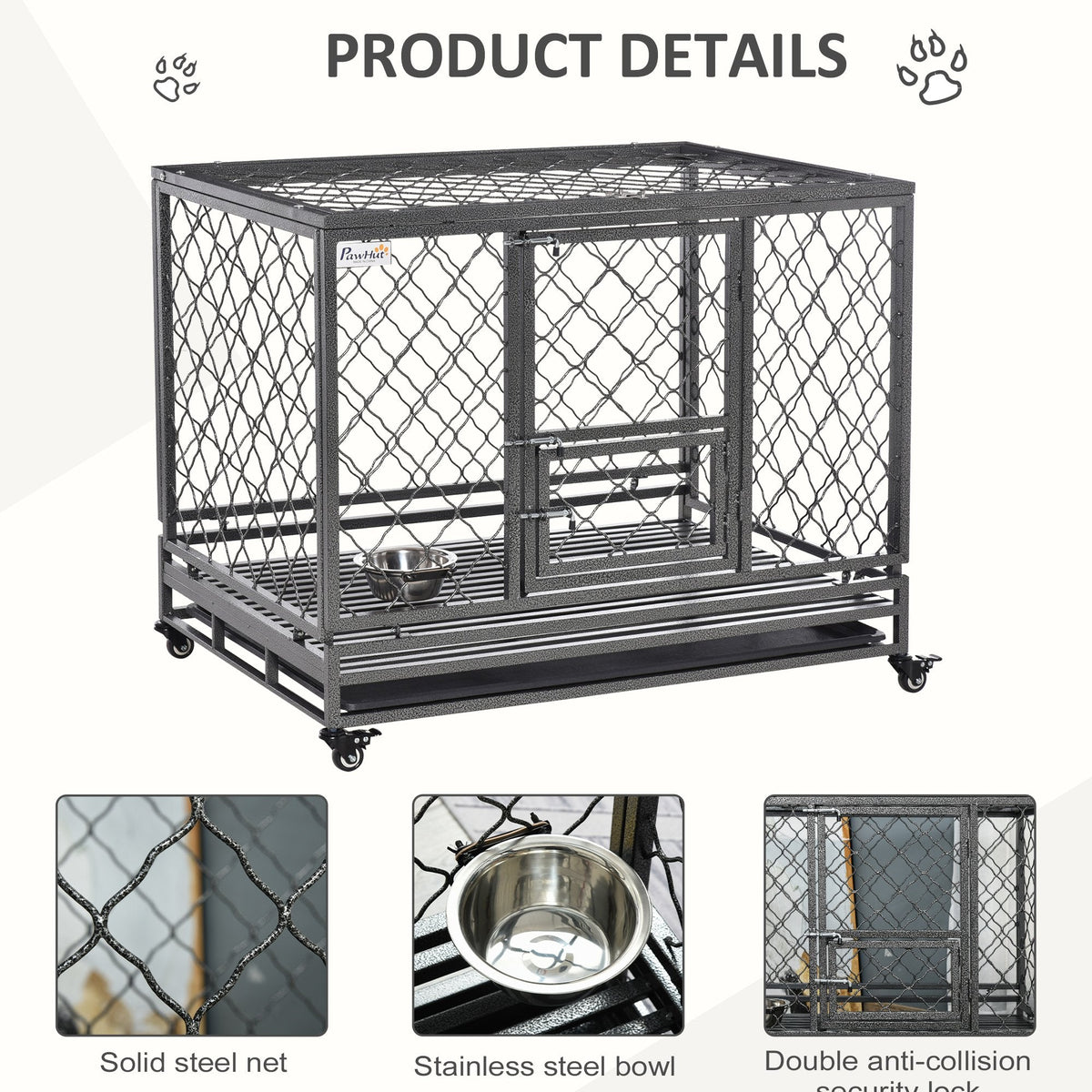Heavy Duty Dog Cage Metal Kennel and Crate Dog Playpen with Lockable Wheels, Slide-out Tray, Food Bowl and Double Doors - Prioka