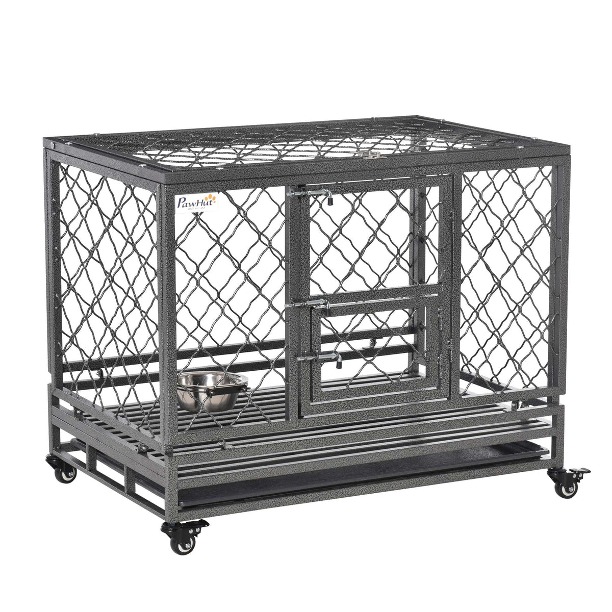 Heavy Duty Dog Cage Metal Kennel and Crate Dog Playpen with Lockable Wheels, Slide-out Tray, Food Bowl and Double Doors - Prioka