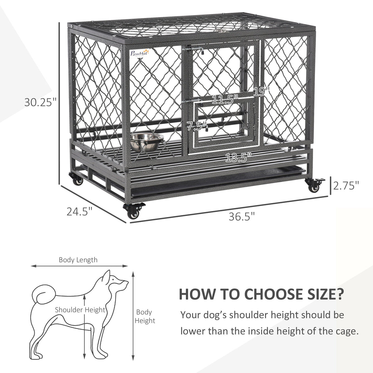 Heavy Duty Dog Cage Metal Kennel and Crate Dog Playpen with Lockable Wheels, Slide-out Tray, Food Bowl and Double Doors - Prioka