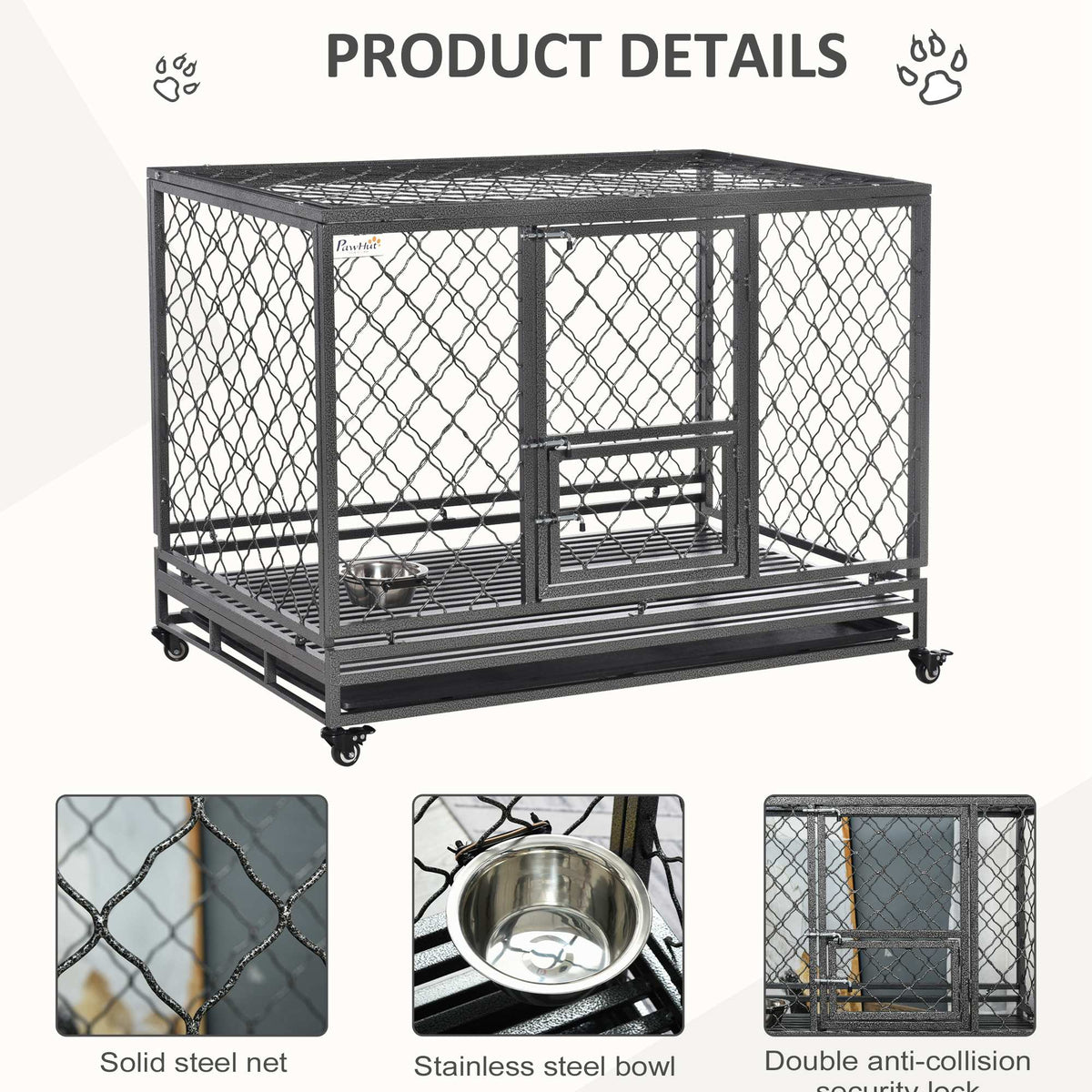 Heavy Duty Dog Cage Metal Kennel and Crate Dog Playpen with Lockable Wheels, Slide-out Tray, Food Bowl and Double Doors - Prioka