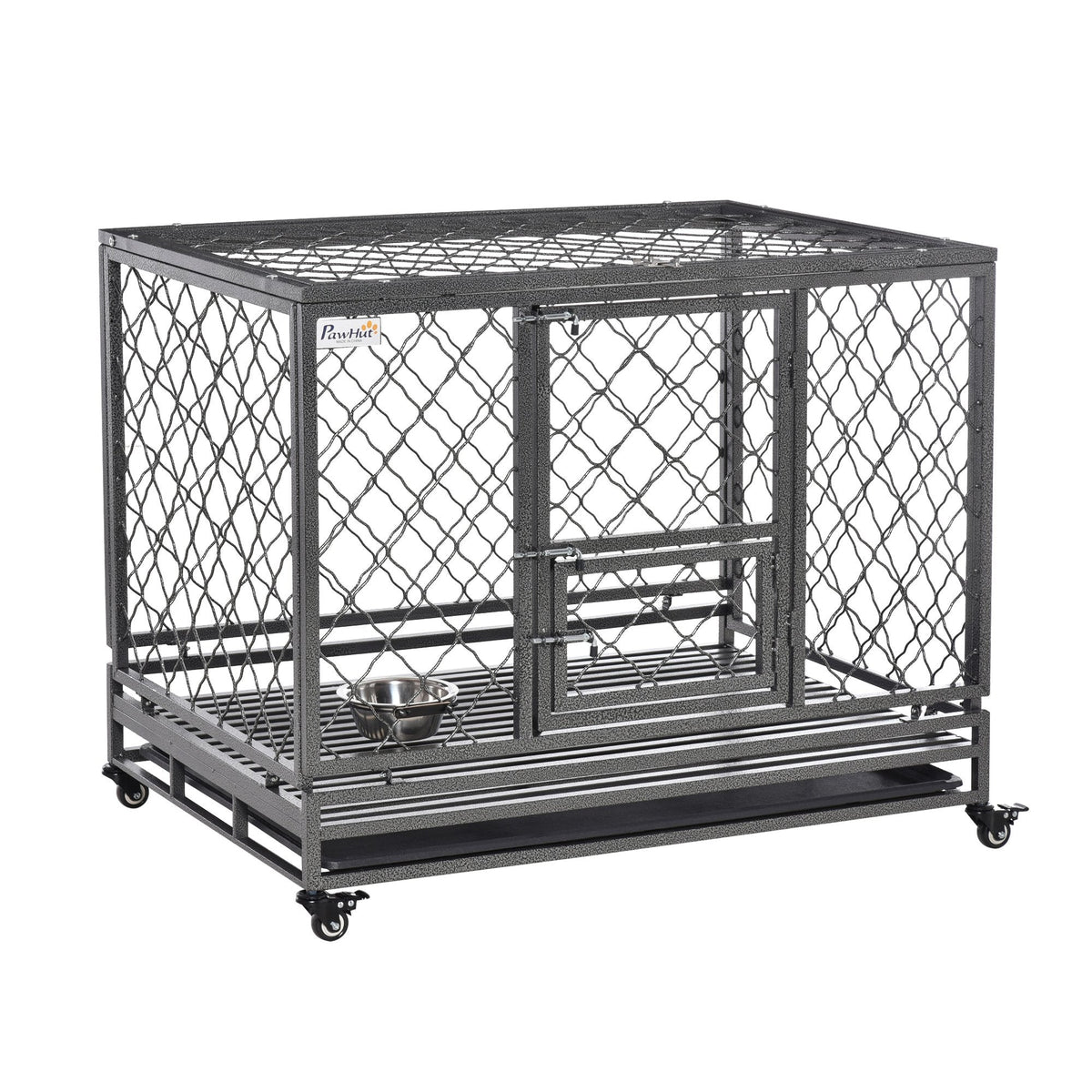 Heavy Duty Dog Cage Metal Kennel and Crate Dog Playpen with Lockable Wheels, Slide-out Tray, Food Bowl and Double Doors - Prioka