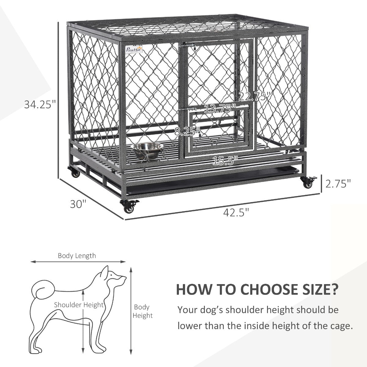 Heavy Duty Dog Cage Metal Kennel and Crate Dog Playpen with Lockable Wheels, Slide-out Tray, Food Bowl and Double Doors - Prioka