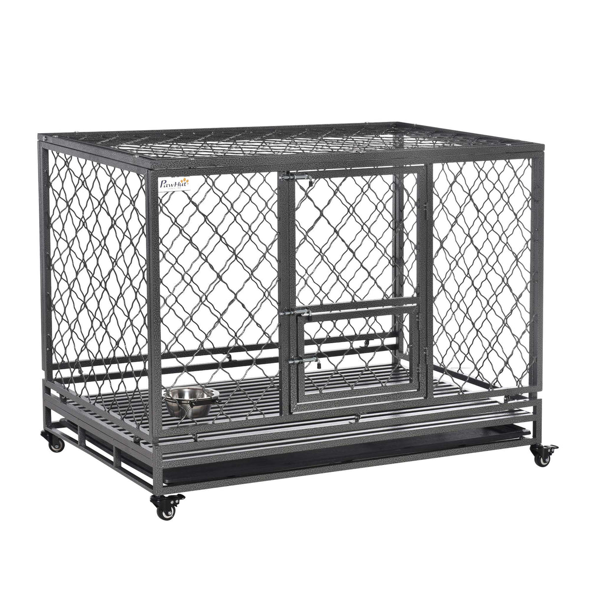 Heavy Duty Dog Cage Metal Kennel and Crate Dog Playpen with Lockable Wheels, Slide-out Tray, Food Bowl and Double Doors - Prioka
