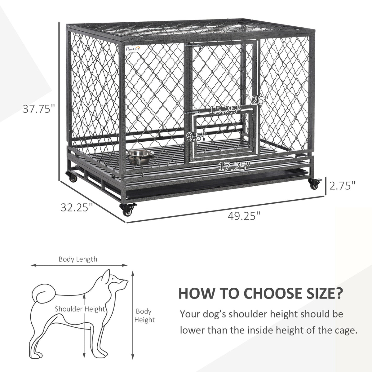 Heavy Duty Dog Cage Metal Kennel and Crate Dog Playpen with Lockable Wheels, Slide-out Tray, Food Bowl and Double Doors - Prioka