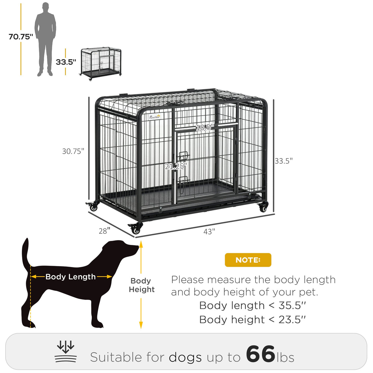 Heavy Duty Metal Dog Crate Pet Cage & Kennel with Removable Tray 4 Wheels & Folding Design Indoor Grey - Prioka