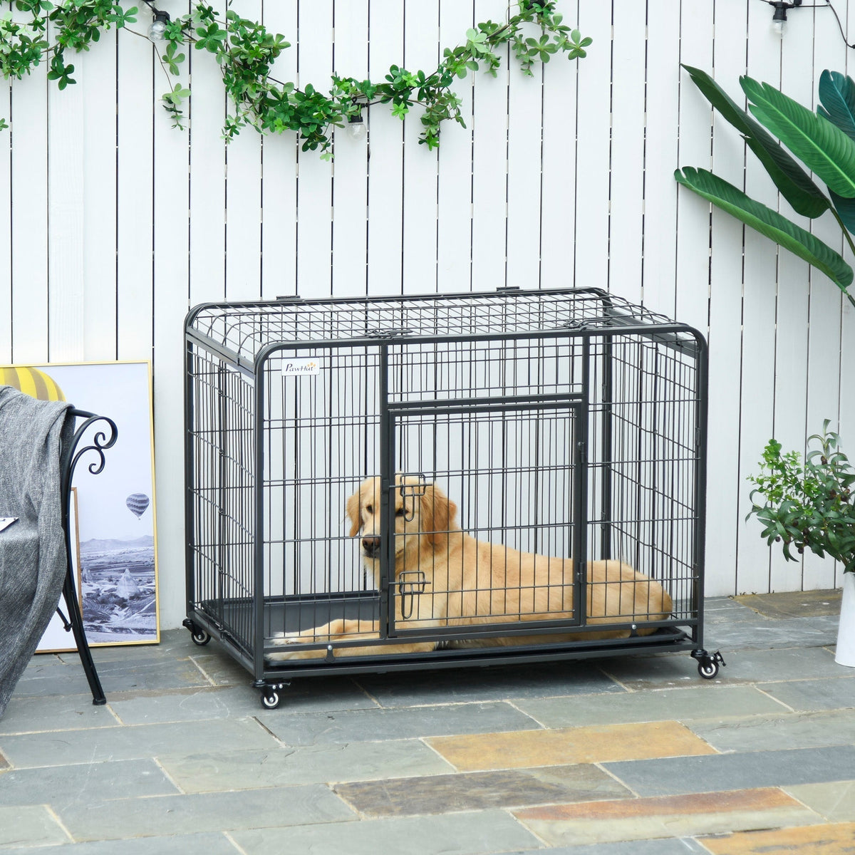 Heavy Duty Metal Dog Crate Pet Cage & Kennel with Removable Tray 4 Wheels & Folding Design Indoor Grey - Prioka