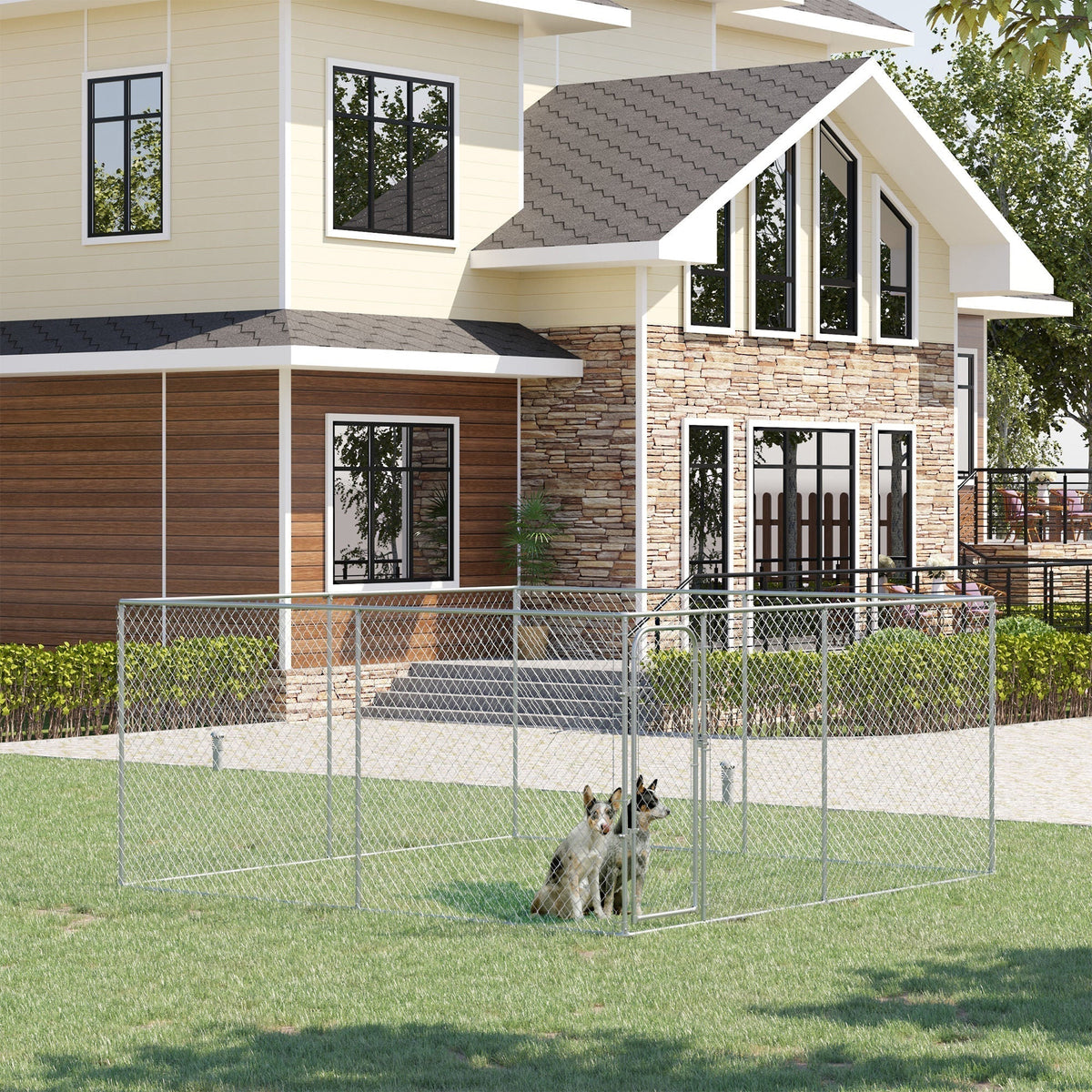 Heavy Duty Outdoor Dog Kennel Galvanized Chain Link Fence, Pet Run House Chicken Coop with Secure Lock Mesh Sidewalls for Backyard, Silver - Prioka