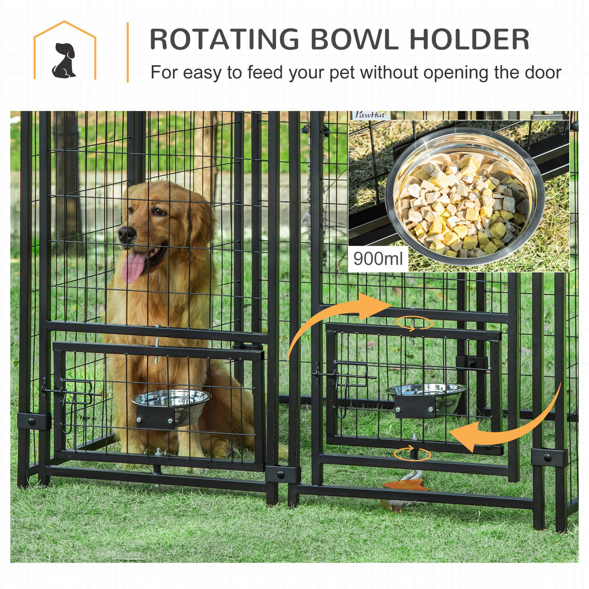 Indoor/Outdoor Metal Dog Kennel, Dog House with Lock, Weather Resistant Canopy and 2 Bowl Holders and Bowls, 4.6' x 4.6' x 5', Black / Red - Prioka