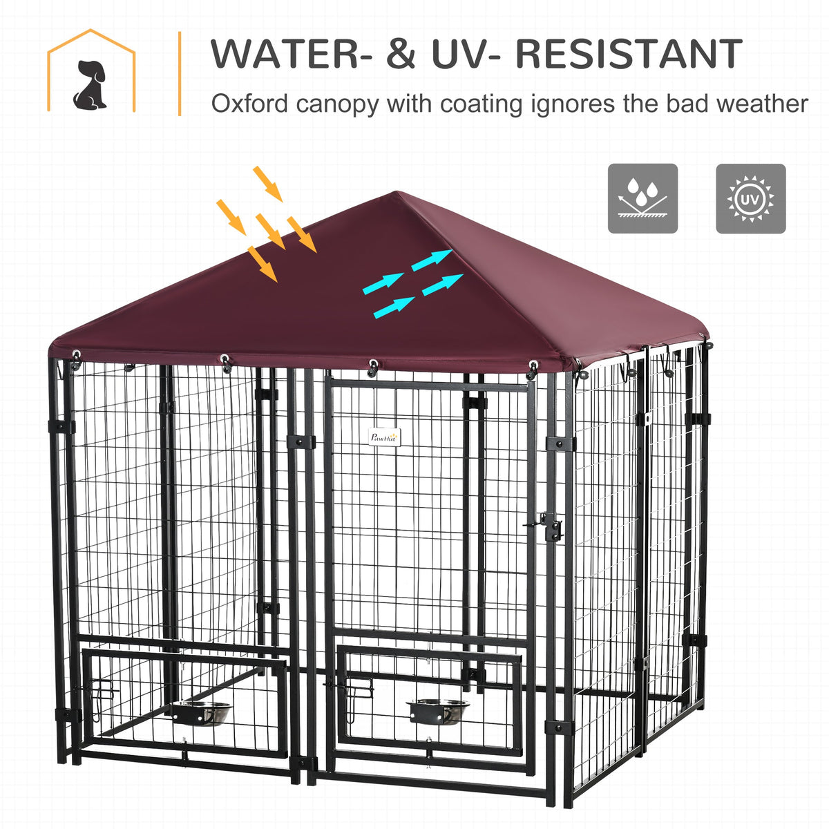 Indoor/Outdoor Metal Dog Kennel, Dog House with Lock, Weather Resistant Canopy and 2 Bowl Holders and Bowls, 4.6' x 4.6' x 5', Black / Red - Prioka