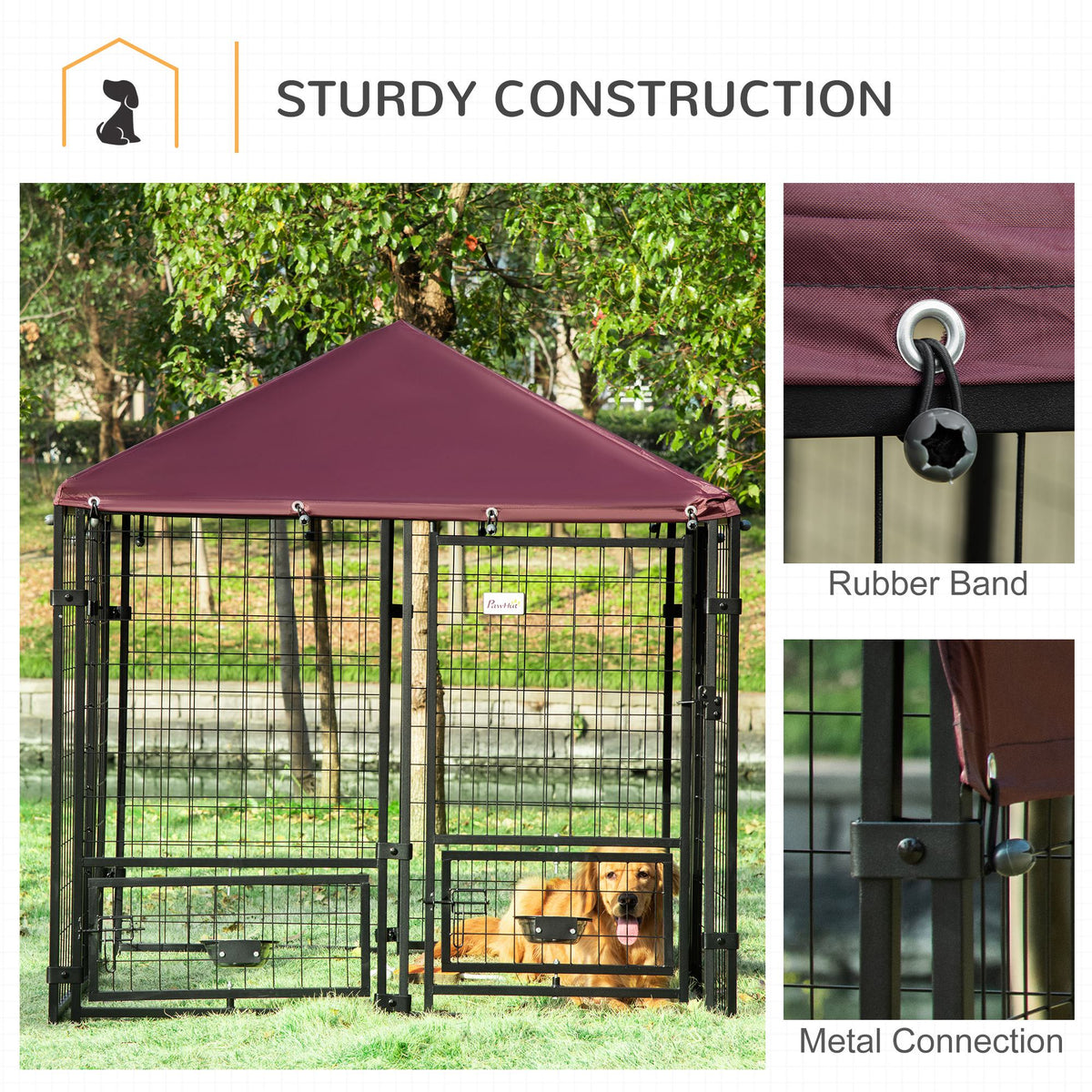 Indoor/Outdoor Metal Dog Kennel, Dog House with Lock, Weather Resistant Canopy and 2 Bowl Holders and Bowls, 4.6' x 4.6' x 5', Black / Red - Prioka
