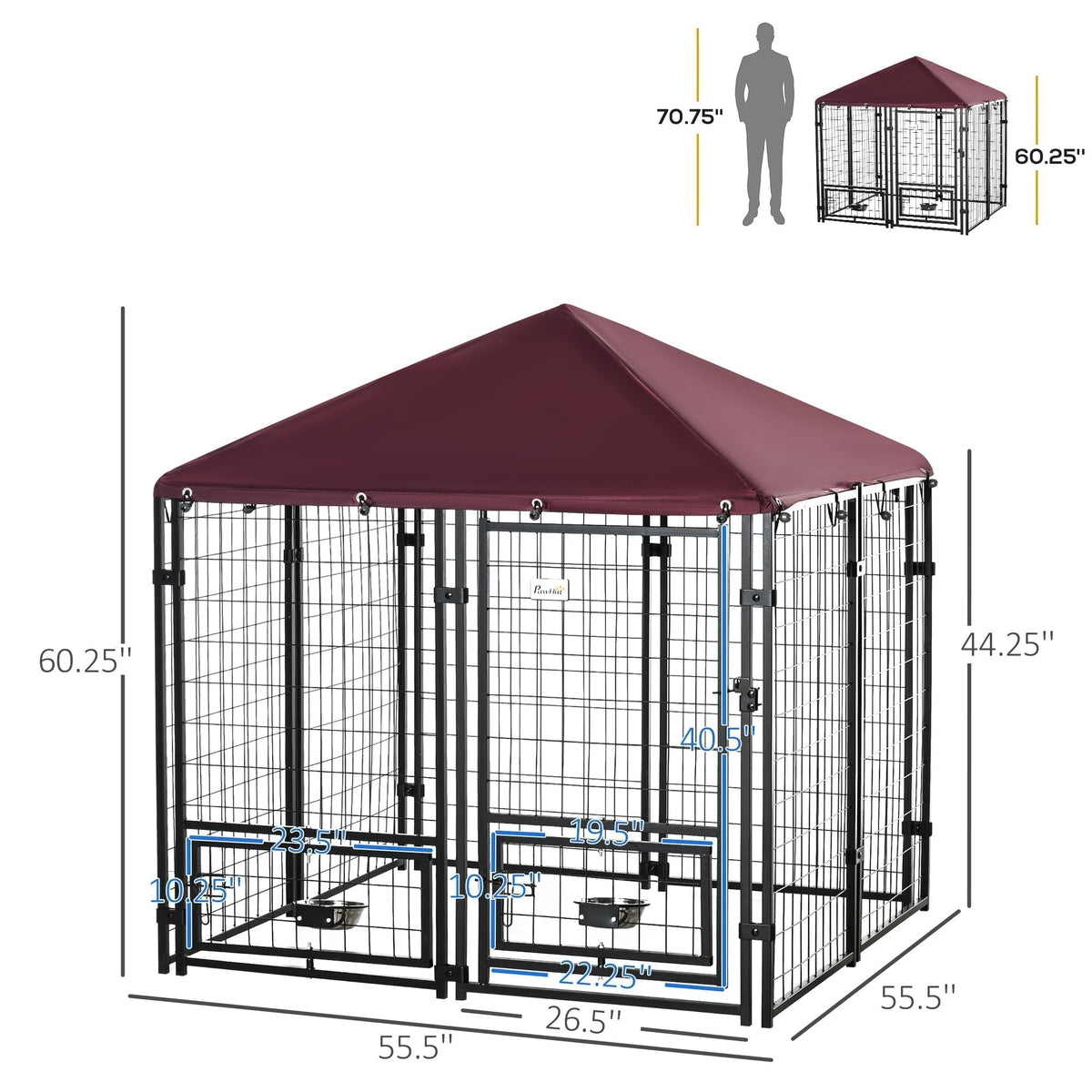 Indoor/Outdoor Metal Dog Kennel, Dog House with Lock, Weather Resistant Canopy and 2 Bowl Holders and Bowls, 4.6' x 4.6' x 5', Black / Red - Prioka