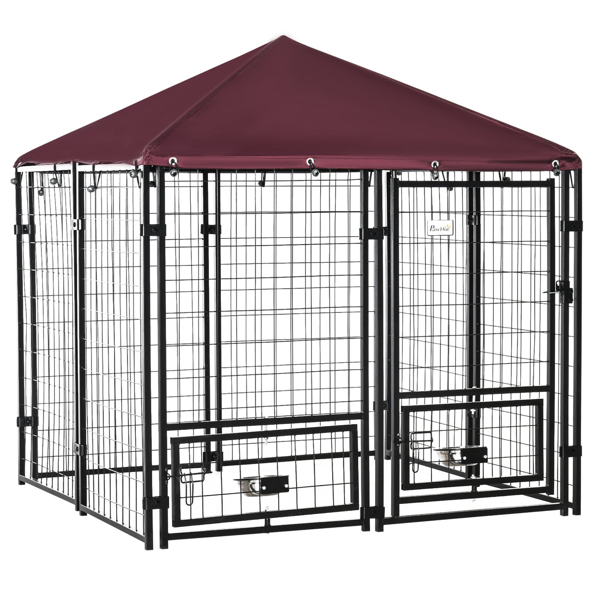 Indoor/Outdoor Metal Dog Kennel, Dog House with Lock, Weather Resistant Canopy and 2 Bowl Holders and Bowls, 4.6' x 4.6' x 5', Black / Red - Prioka