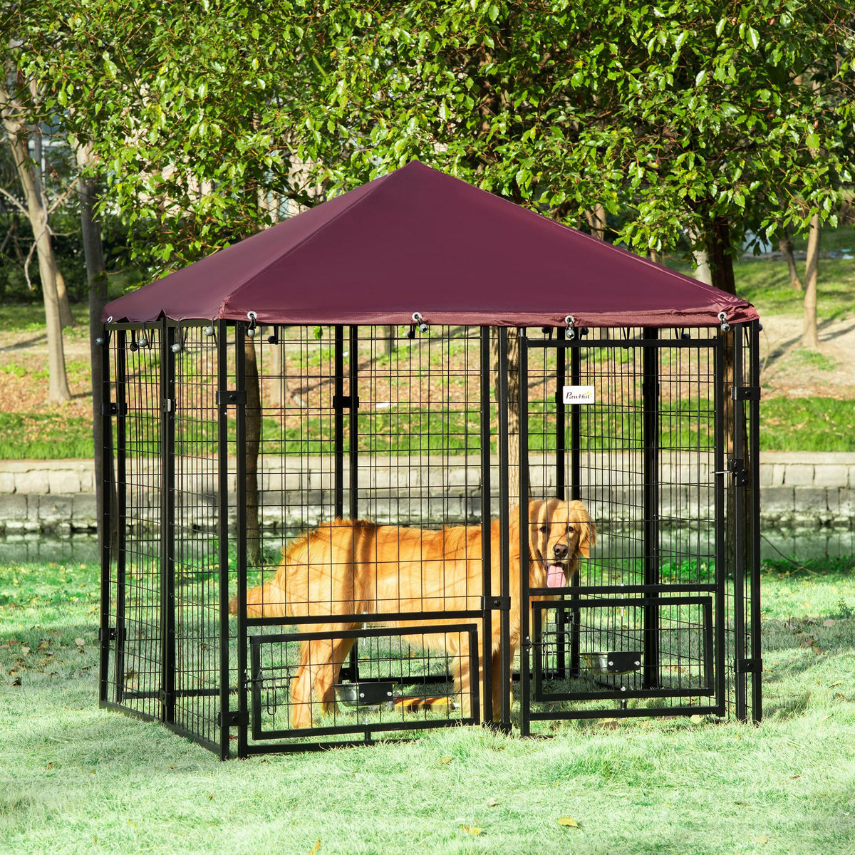 Indoor/Outdoor Metal Dog Kennel, Dog House with Lock, Weather Resistant Canopy and 2 Bowl Holders and Bowls, 4.6' x 4.6' x 5', Black / Red - Prioka
