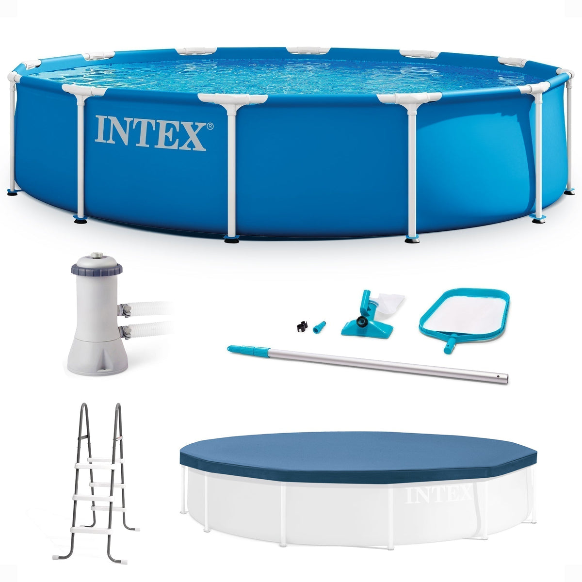 Intex 12 x 2.5 Foot Metal Frame Above Ground Pool with Filter and Accessories - Prioka