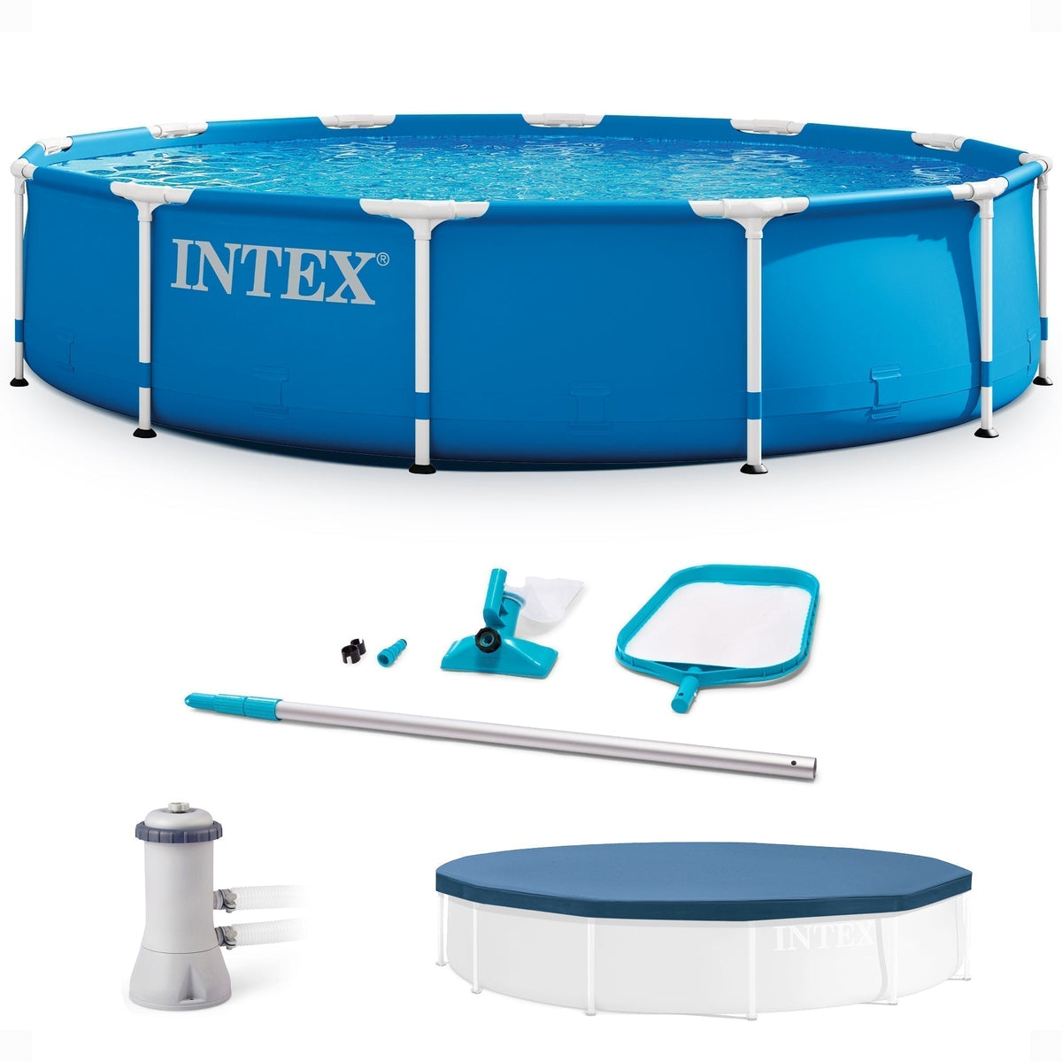 INTEX 12' x 30" Metal Frame Above Ground Pool, Filter, Cover, & Maintenance Kit - Prioka