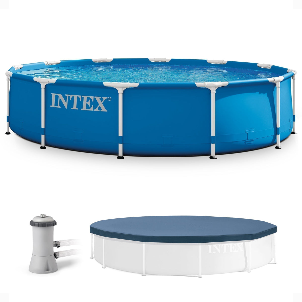 Intex 12' x 30" Metal Frame Round Swimming Pool w/ Filter Pump & 13' Pool Cover - Prioka