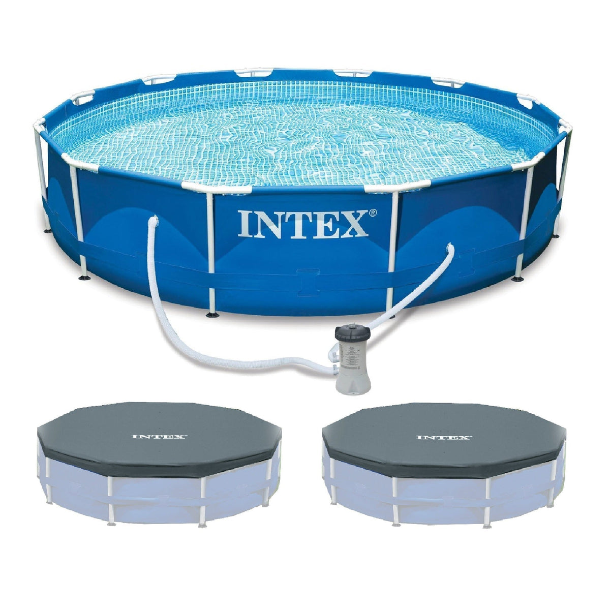 INTEX 12'x30" Metal Frame Swimming Pool with Filter Pump & Pool Cover (2-Pack) - Prioka