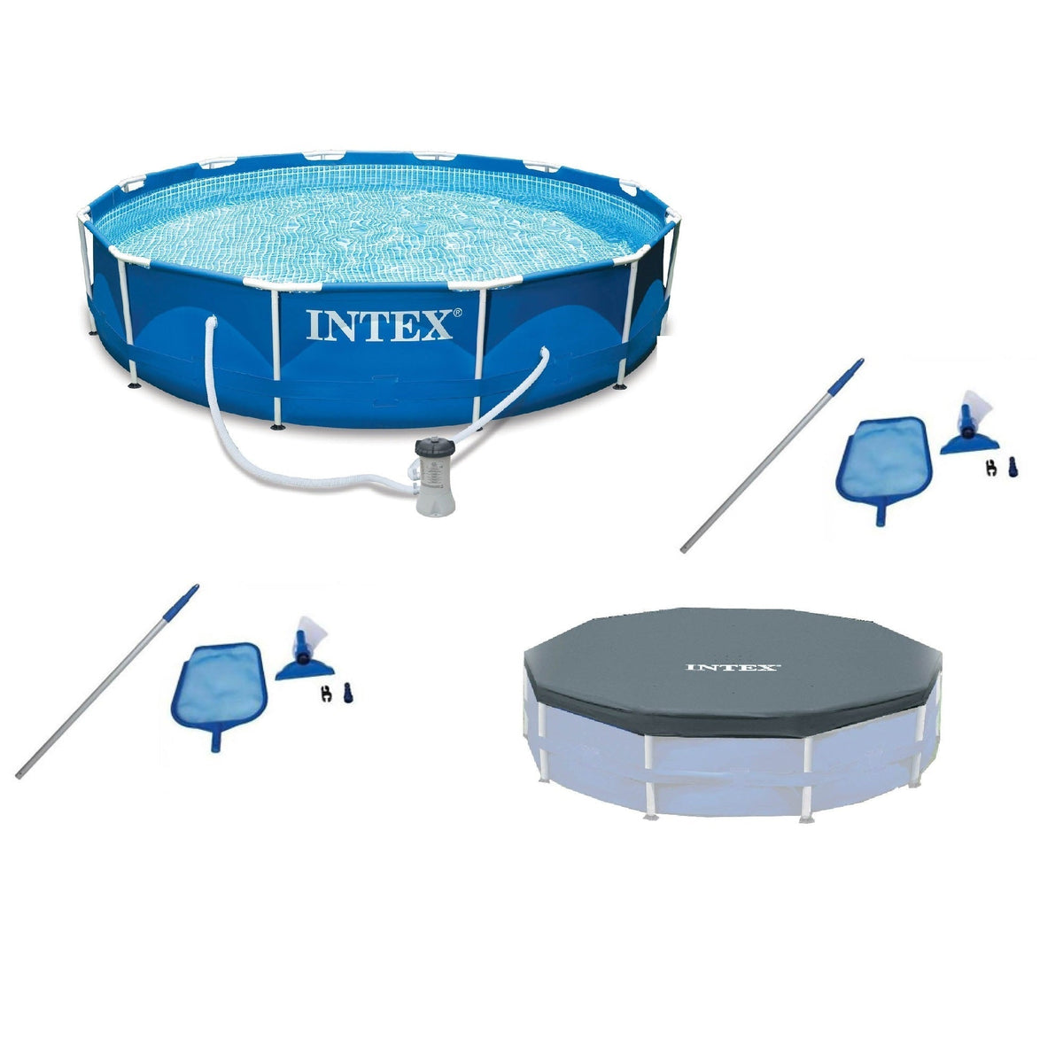 Intex 12'x30" Swimming Pool w/ Pump, Maintenance Kit (2 Pack) & 12' Pool Cover - Prioka