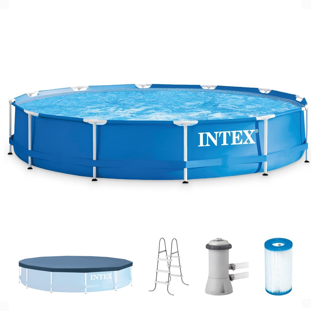 Intex 12'x30" Swimming Pool w/ Pump, Pool Ladder for 42” Wall, & 12’ Cover - Prioka