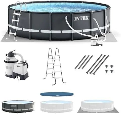 Intex Ultra XTR Frame 14′ x 42″ Round Above Ground Outdoor Swimming Pool Set with Sand Filter Pump, Ladder, Ground Cloth, and Pool Covers - Prioka