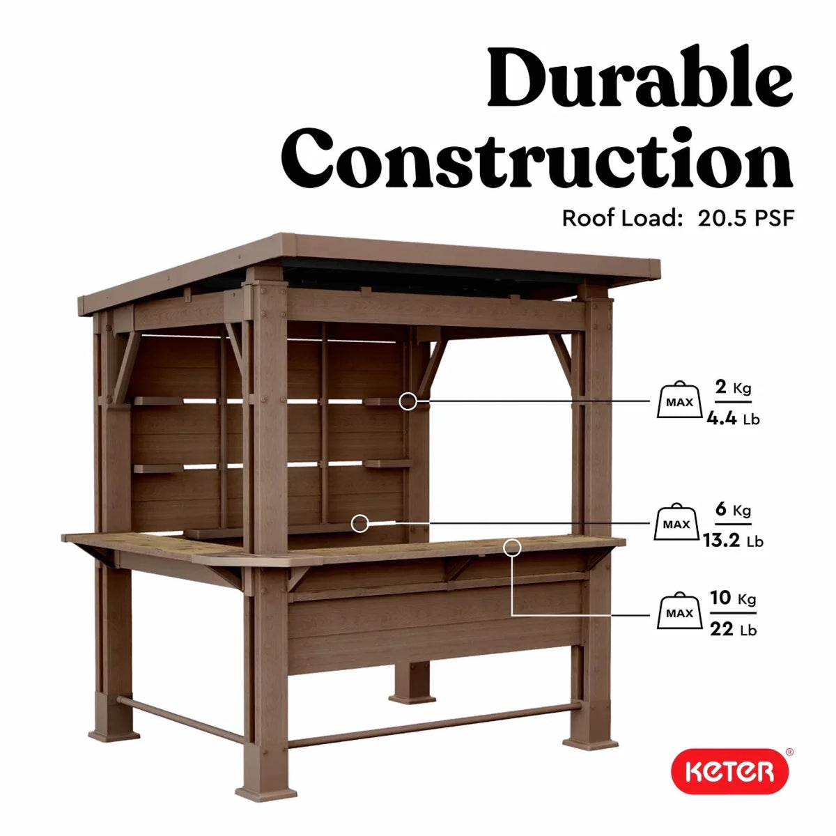 Keter Signature Collection 7.5 x 6.5 ft. Bar Gazebo with Shelves and TV Mount, Pine Brown - Prioka