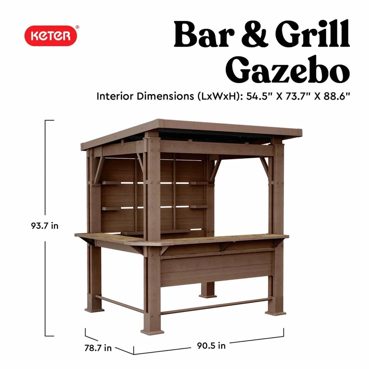 Keter Signature Collection 7.5 x 6.5 ft. Bar Gazebo with Shelves and TV Mount, Pine Brown - Prioka