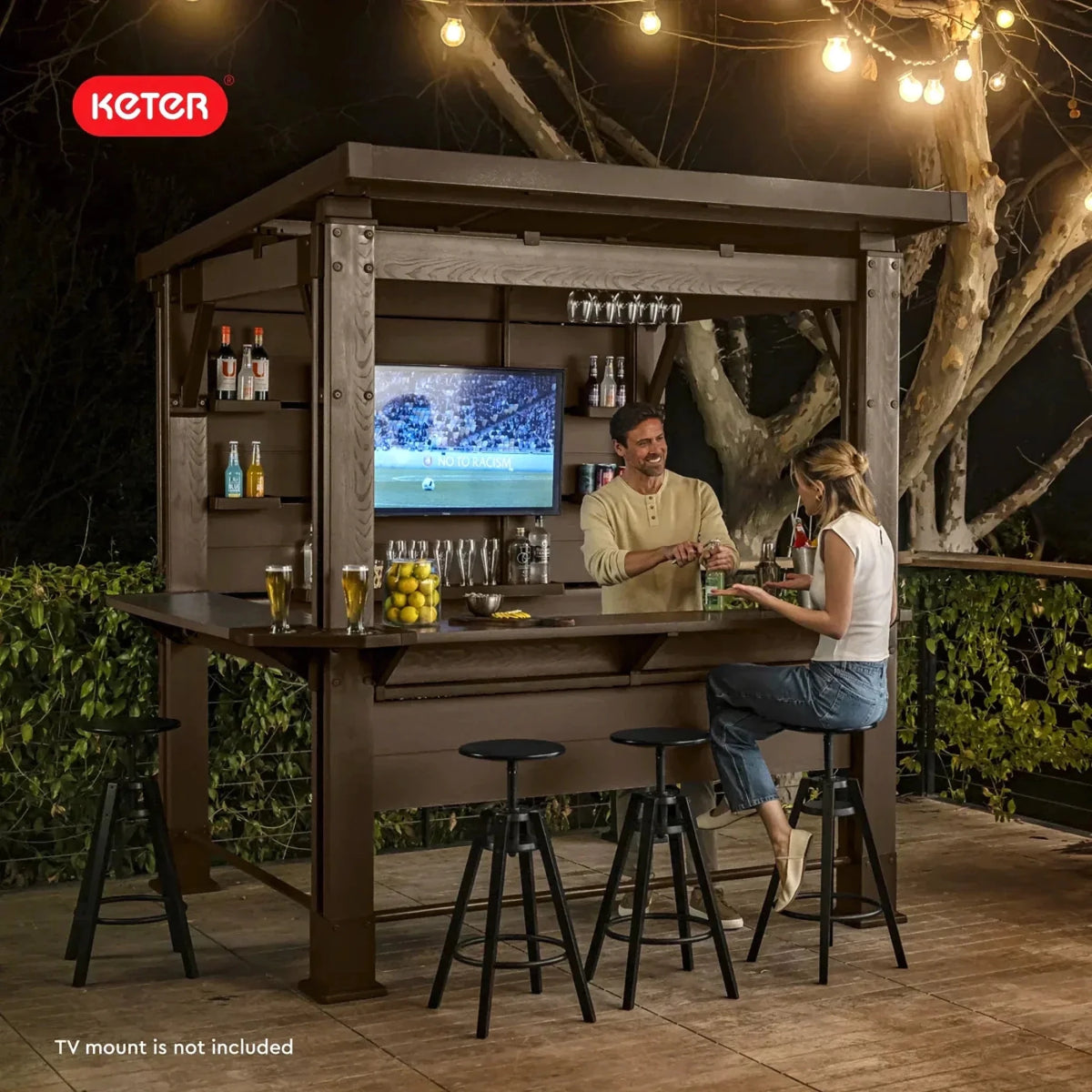 Keter Signature Collection 7.5 x 6.5 ft. Bar Gazebo with Shelves and TV Mount, Pine Brown - Prioka