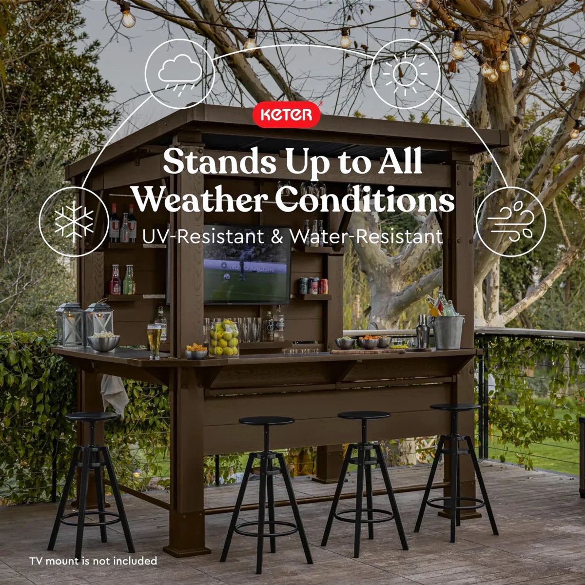 Keter Signature Collection 7.5 x 6.5 ft. Bar Gazebo with Shelves and TV Mount, Pine Brown - Prioka