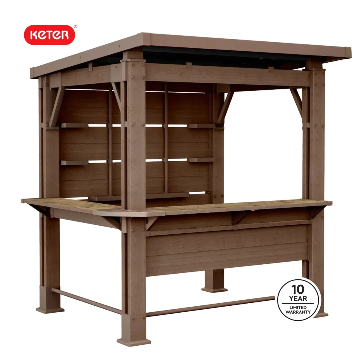 Keter Signature Collection 7.5 x 6.5 ft. Bar Gazebo with Shelves and TV Mount, Pine Brown - Prioka