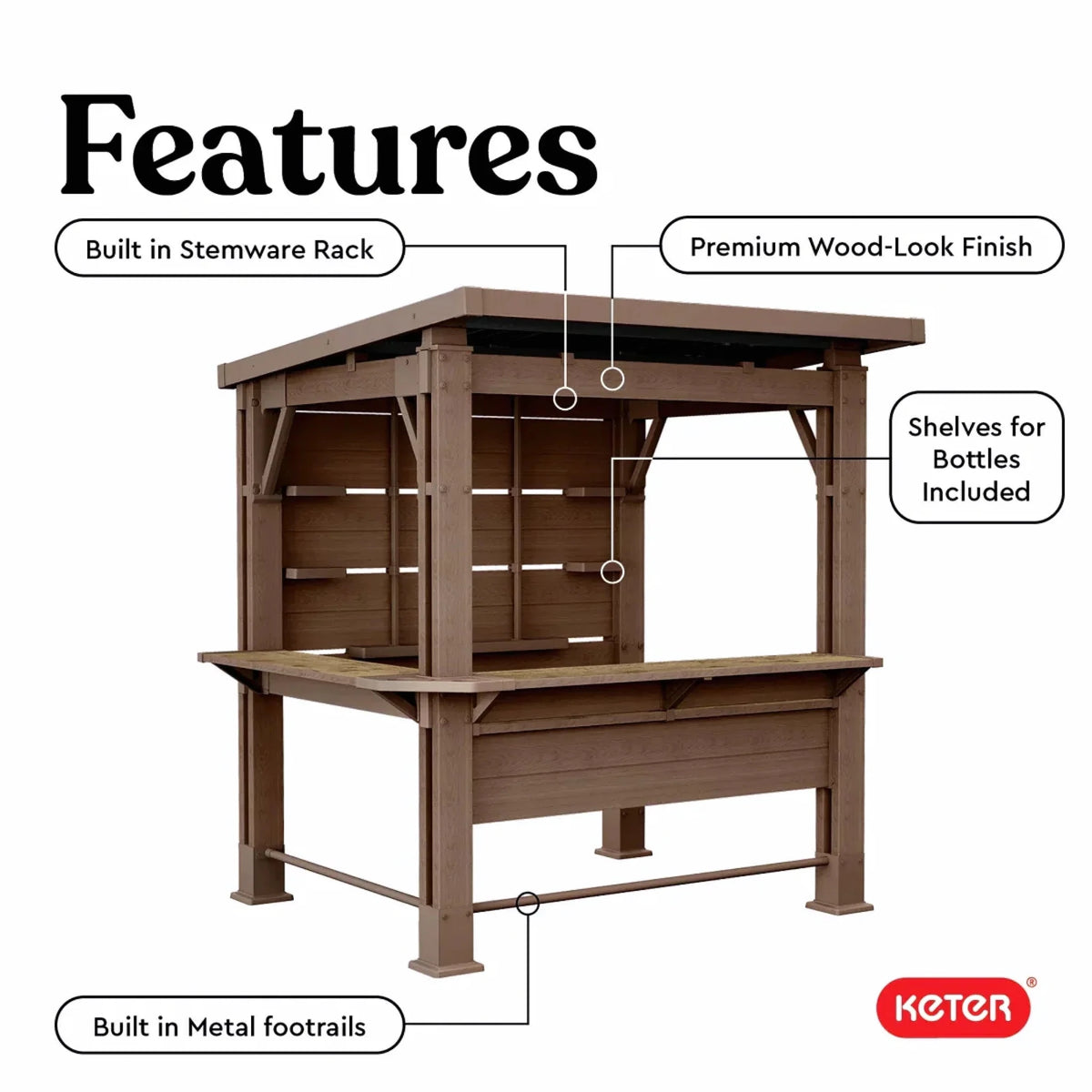 Keter Signature Collection 7.5 x 6.5 ft. Bar Gazebo with Shelves and TV Mount, Pine Brown - Prioka