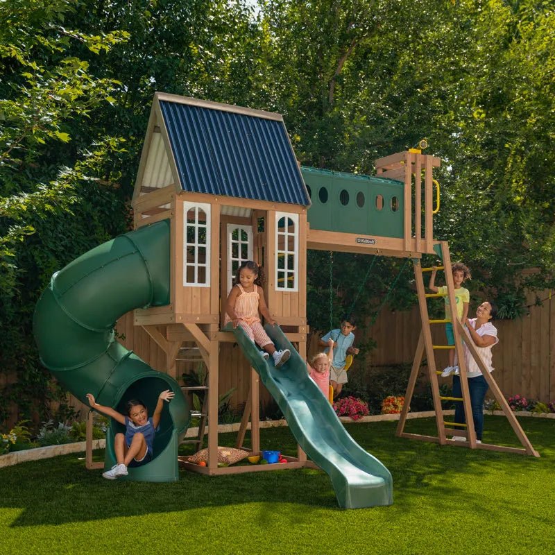 KidKraft Skyway Resort Wooden Swing Set with Dual Slides and Playhouse - Prioka