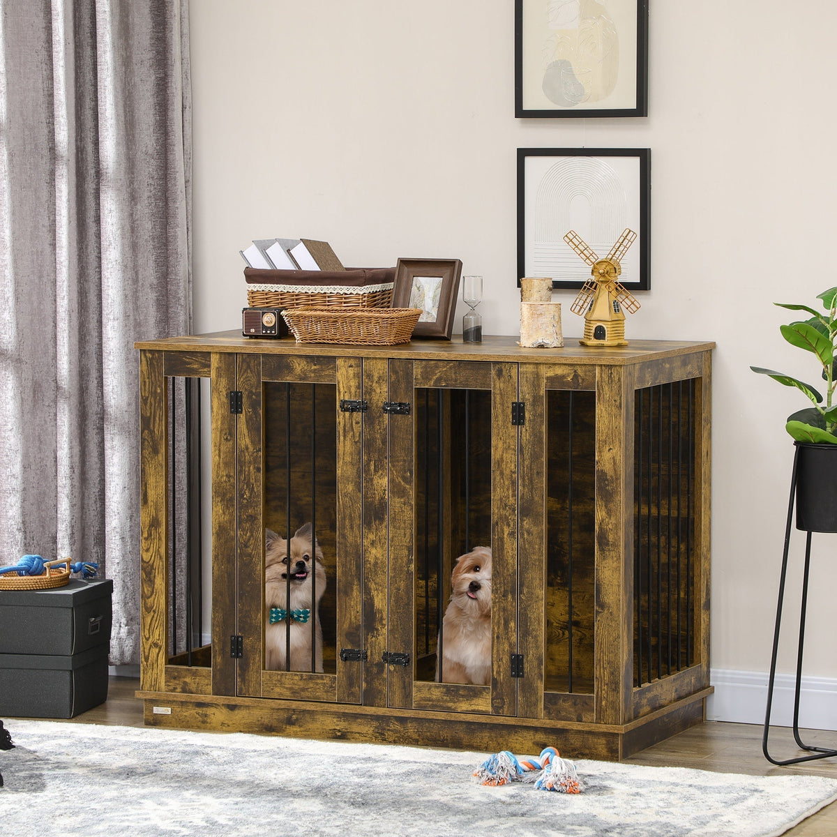 Large Furniture Style Dog Crate with Removable Panel, End Table with Two Rooms Design and Two Front Doors, Rustic Brown, 47" x 23.5" x 35" - Prioka